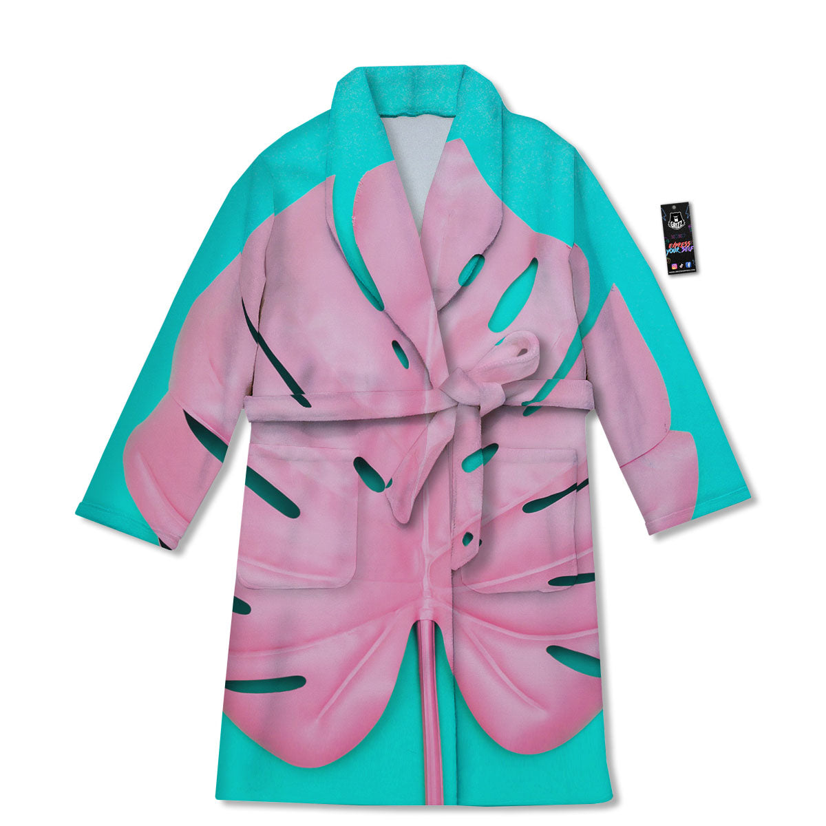 Blue And Pink Tropical Palm Leaf Print Bathrobe-grizzshop