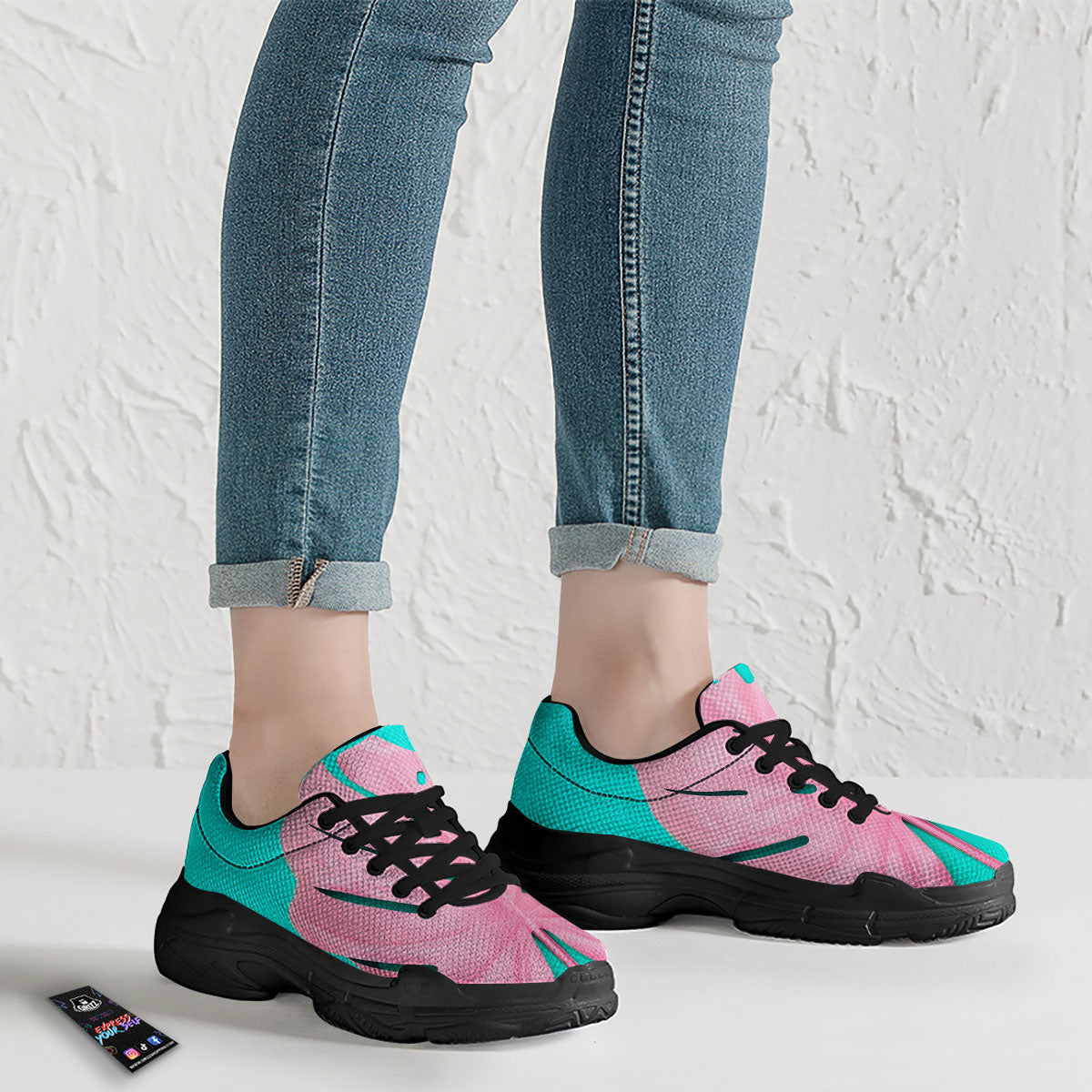 Blue And Pink Tropical Palm Leaf Print Black Chunky Shoes-grizzshop