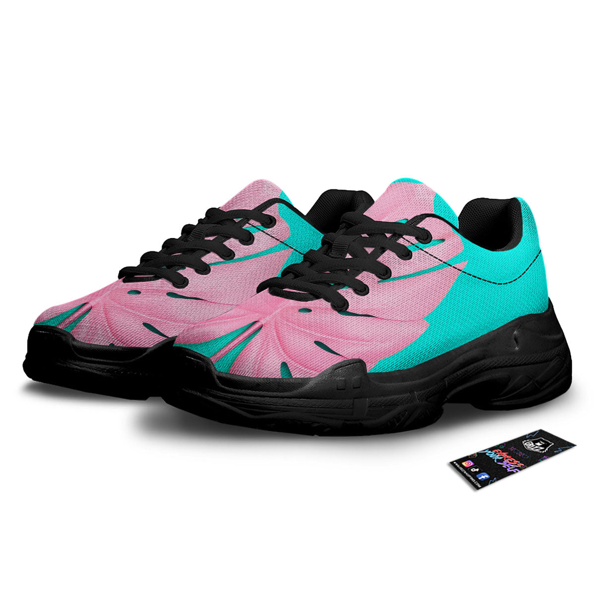 Blue And Pink Tropical Palm Leaf Print Black Chunky Shoes-grizzshop