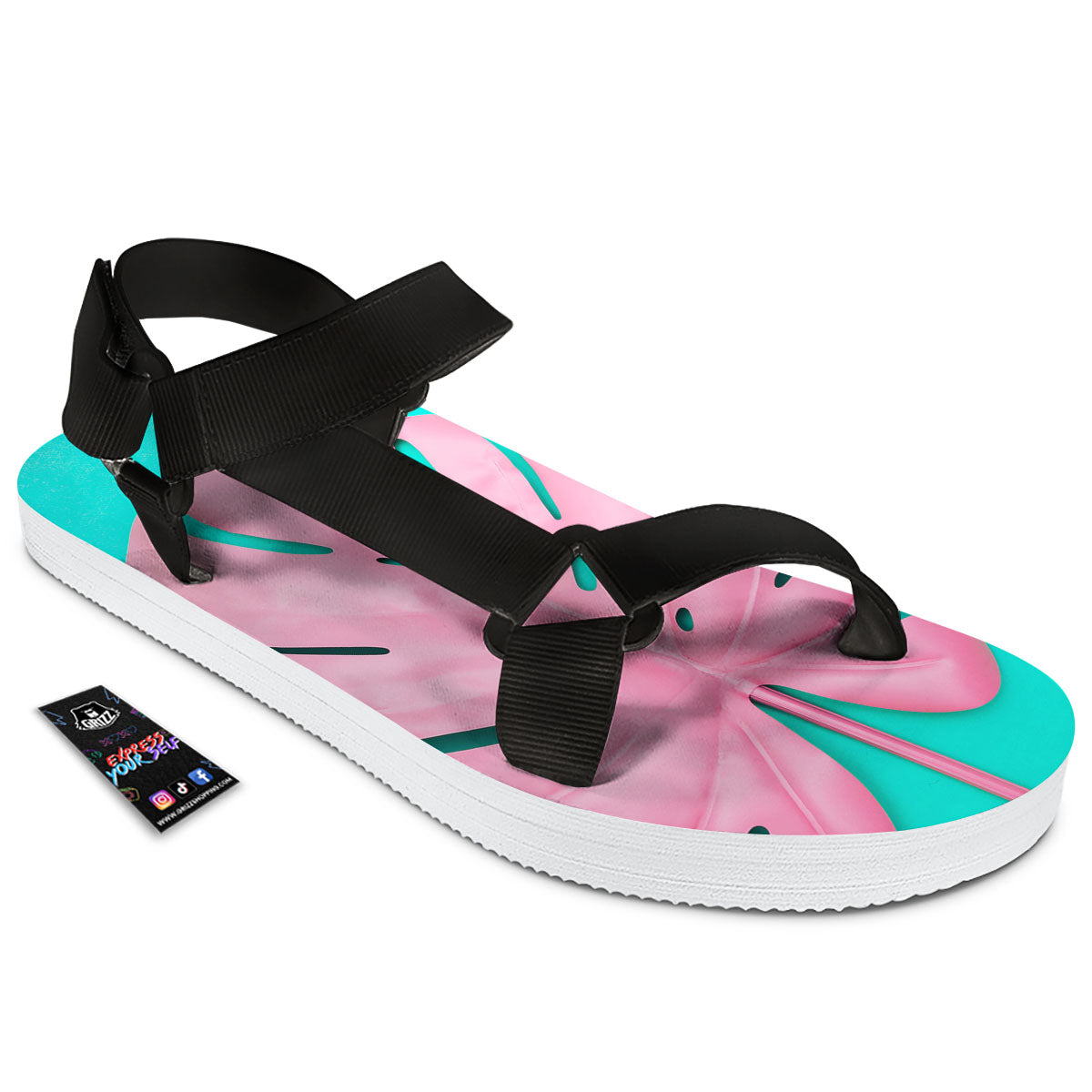 Blue And Pink Tropical Palm Leaf Print Black Open Toe Sandals-grizzshop