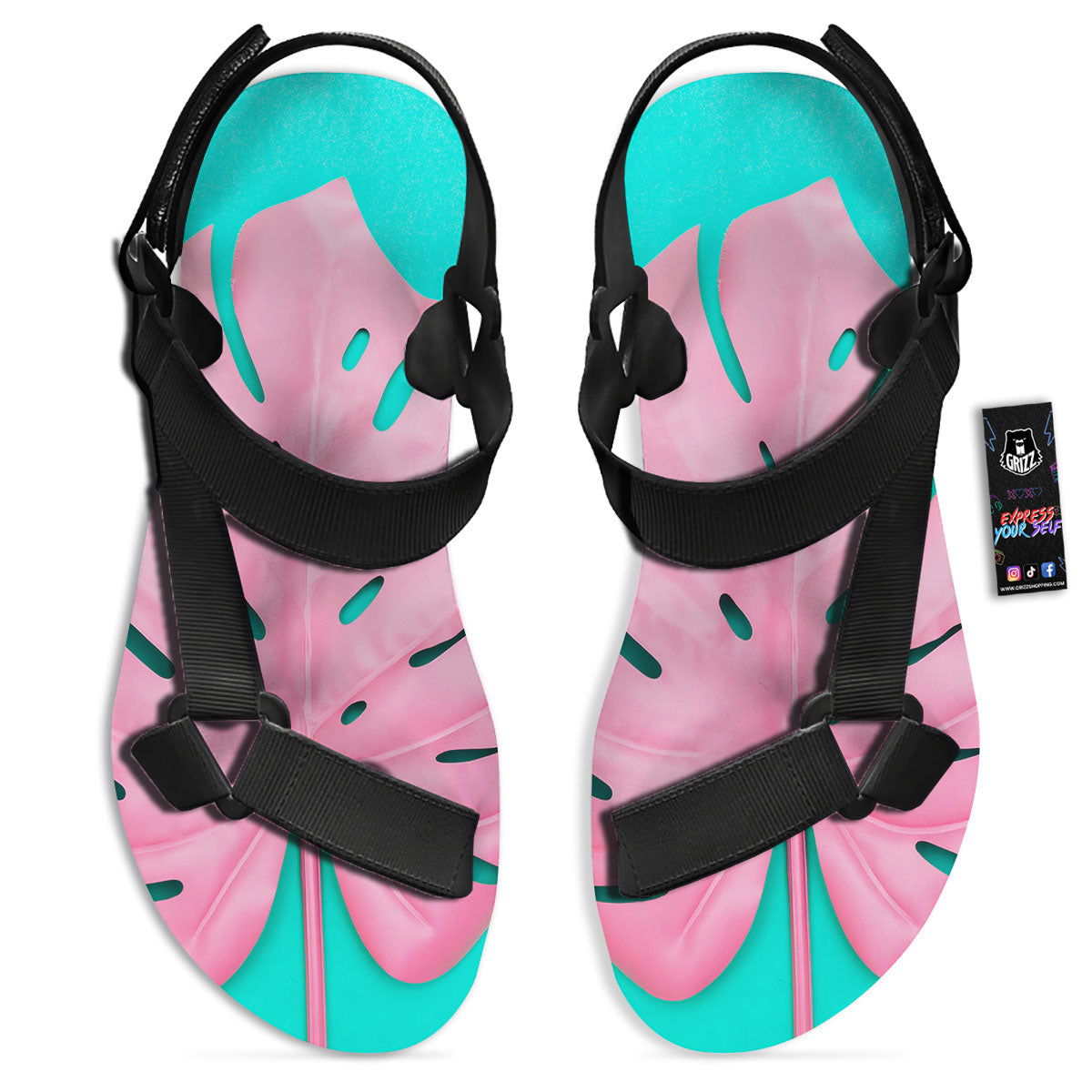 Blue And Pink Tropical Palm Leaf Print Black Open Toe Sandals-grizzshop