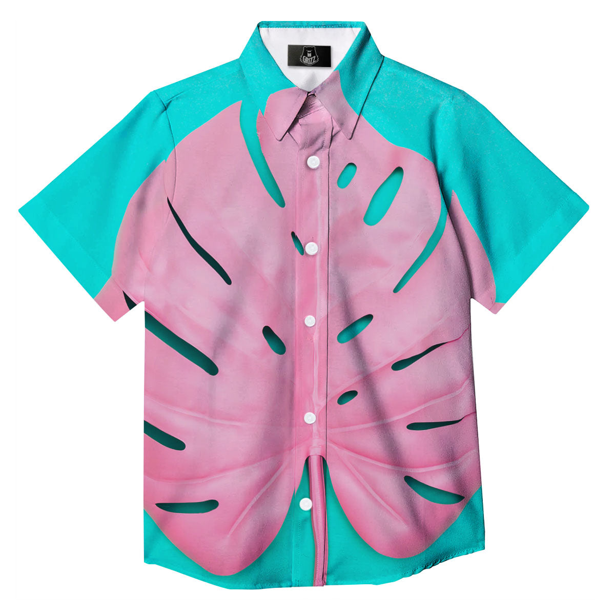 Blue And Pink Tropical Palm Leaf Print Button Up Shirt-grizzshop