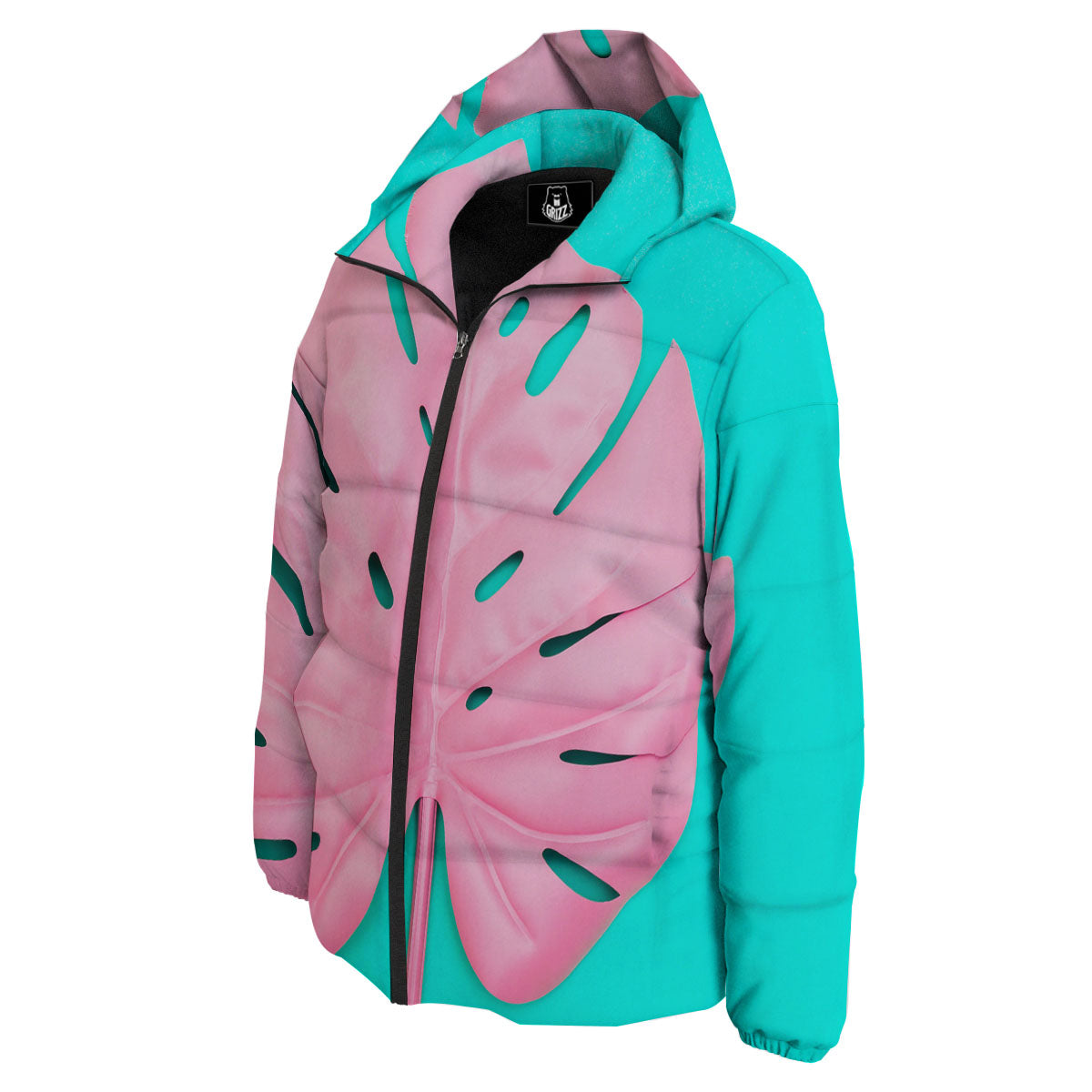 Blue And Pink Tropical Palm Leaf Print Down Jacket-grizzshop