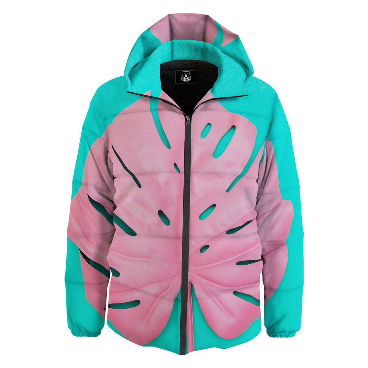Blue And Pink Tropical Palm Leaf Print Down Jacket-grizzshop