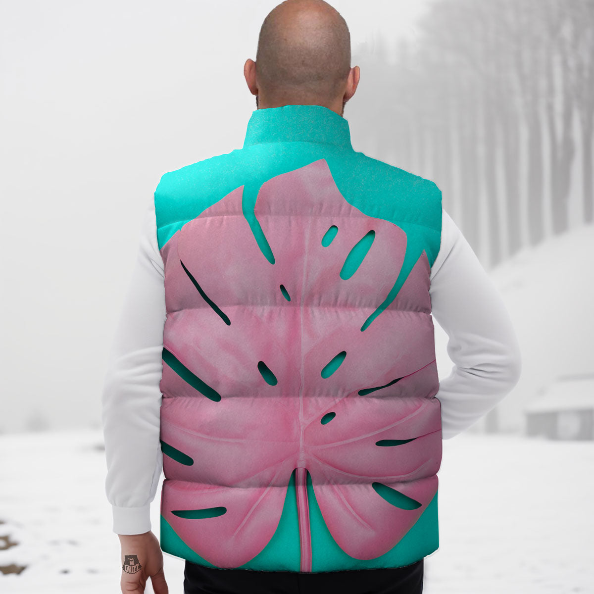 Blue And Pink Tropical Palm Leaf Print Down Vest