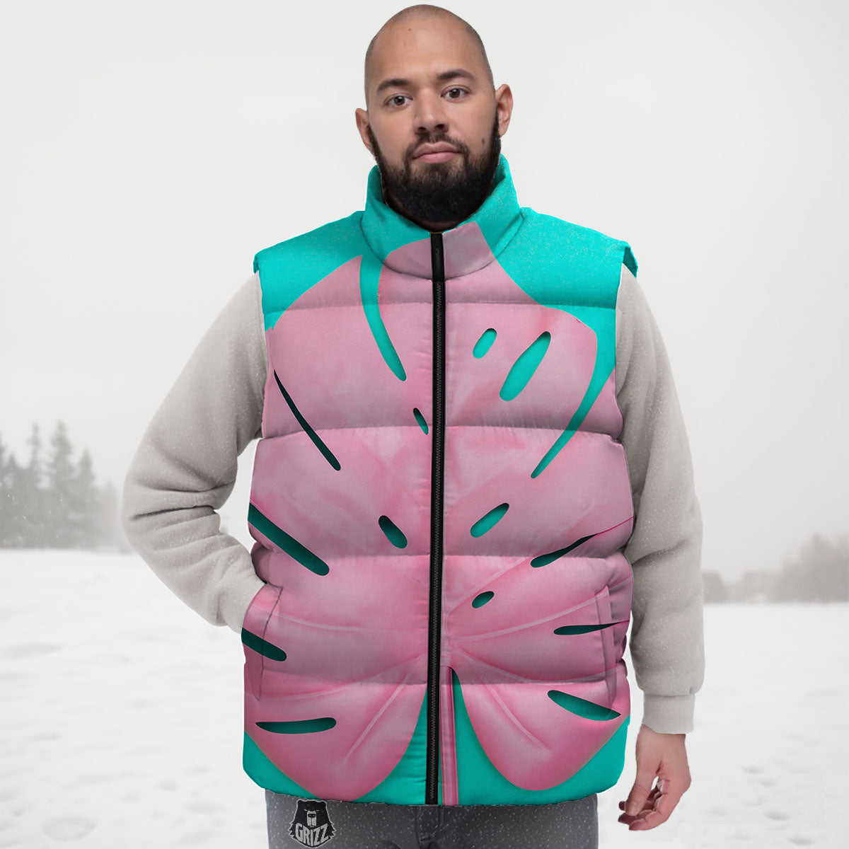 Blue And Pink Tropical Palm Leaf Print Down Vest