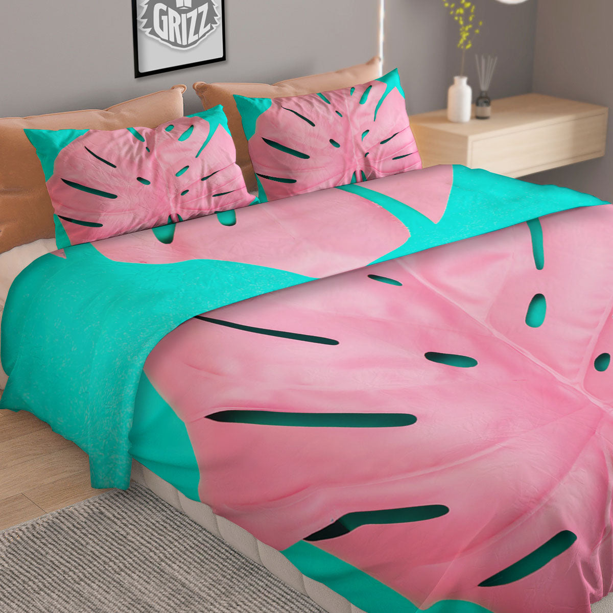 Blue And Pink Tropical Palm Leaf Print Duvet Cover Bedding Set