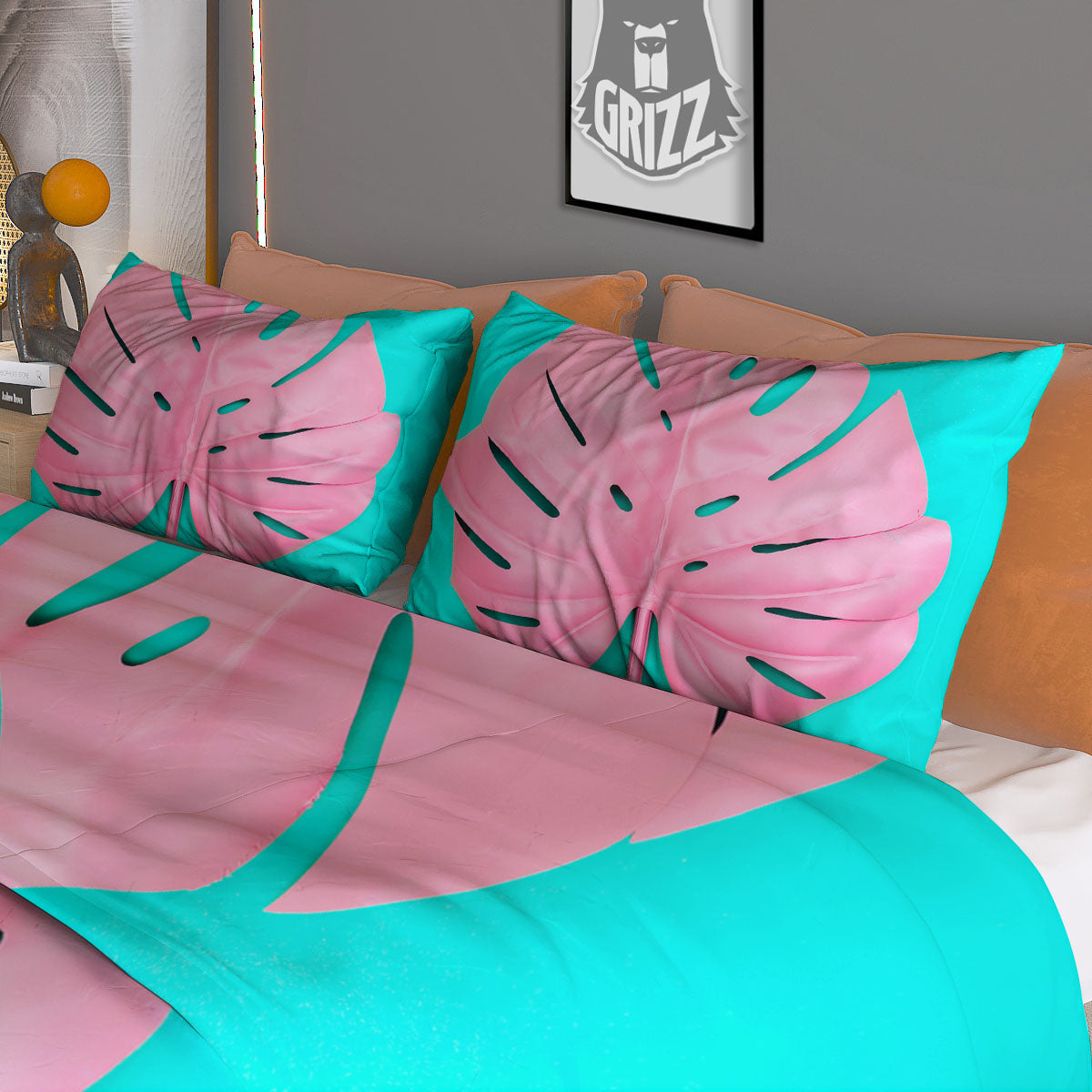 Blue And Pink Tropical Palm Leaf Print Duvet Cover Bedding Set