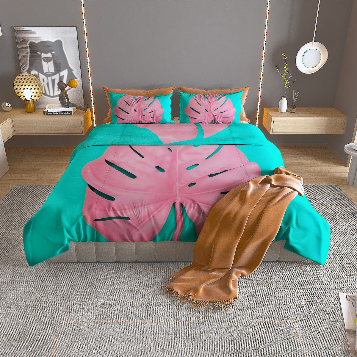 Blue And Pink Tropical Palm Leaf Print Duvet Cover Bedding Set