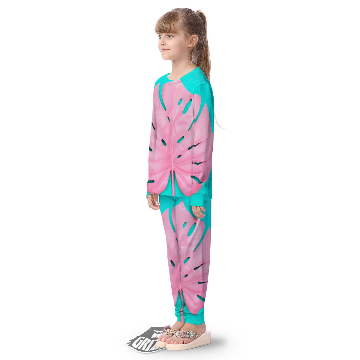 Blue And Pink Tropical Palm Leaf Print Kid's Pajamas-grizzshop