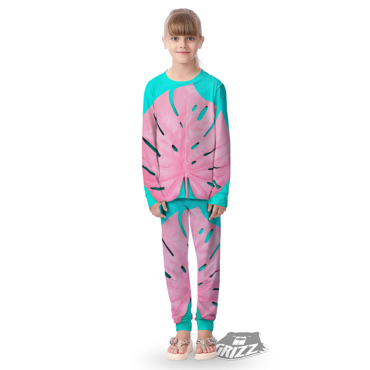 Blue And Pink Tropical Palm Leaf Print Kid's Pajamas-grizzshop