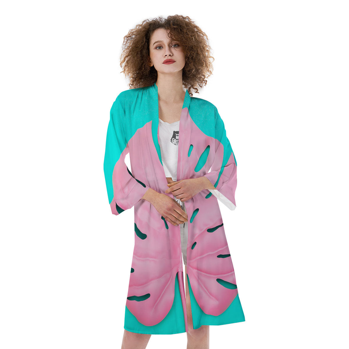 Blue And Pink Tropical Palm Leaf Print Kimono-grizzshop