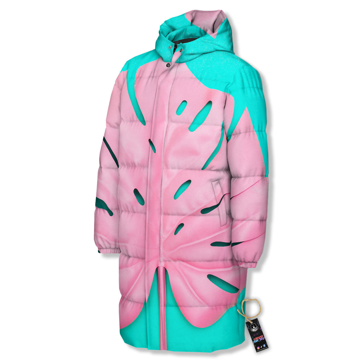 Blue And Pink Tropical Palm Leaf Print Long Down Jacket-grizzshop