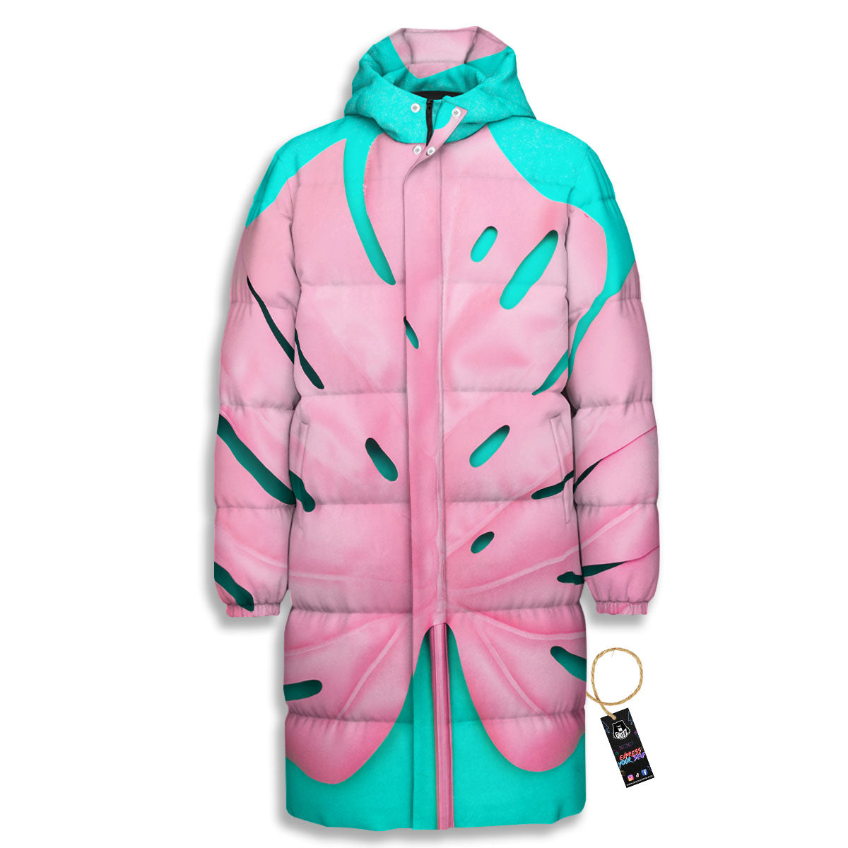 Blue And Pink Tropical Palm Leaf Print Long Down Jacket-grizzshop