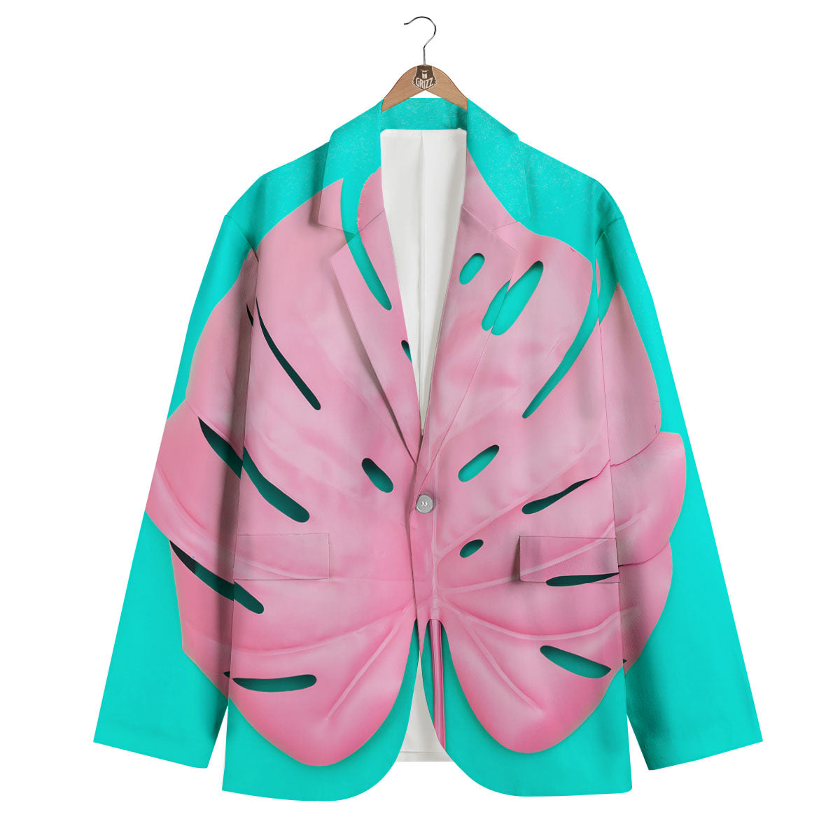 Blue And Pink Tropical Palm Leaf Print Men's Blazer-grizzshop