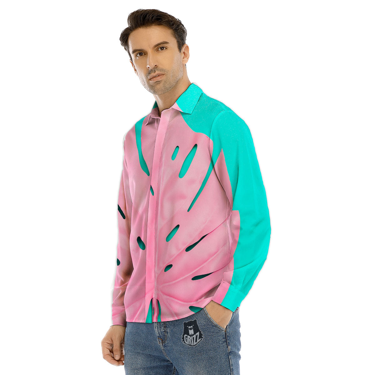 Blue And Pink Tropical Palm Leaf Print Men's Dress Shirts-grizzshop