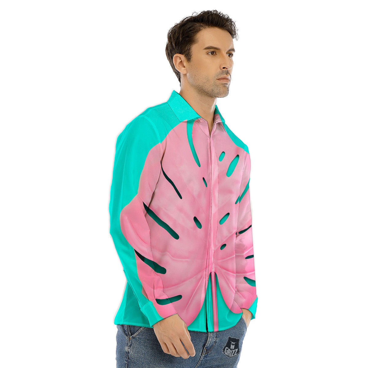 Blue And Pink Tropical Palm Leaf Print Men's Dress Shirts-grizzshop