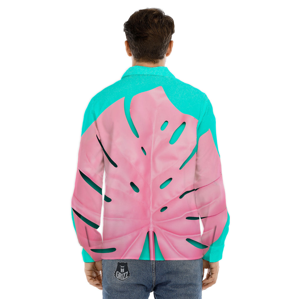 Blue And Pink Tropical Palm Leaf Print Men's Dress Shirts-grizzshop