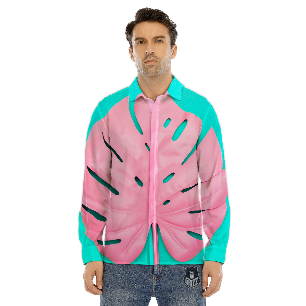 Blue And Pink Tropical Palm Leaf Print Men's Dress Shirts-grizzshop
