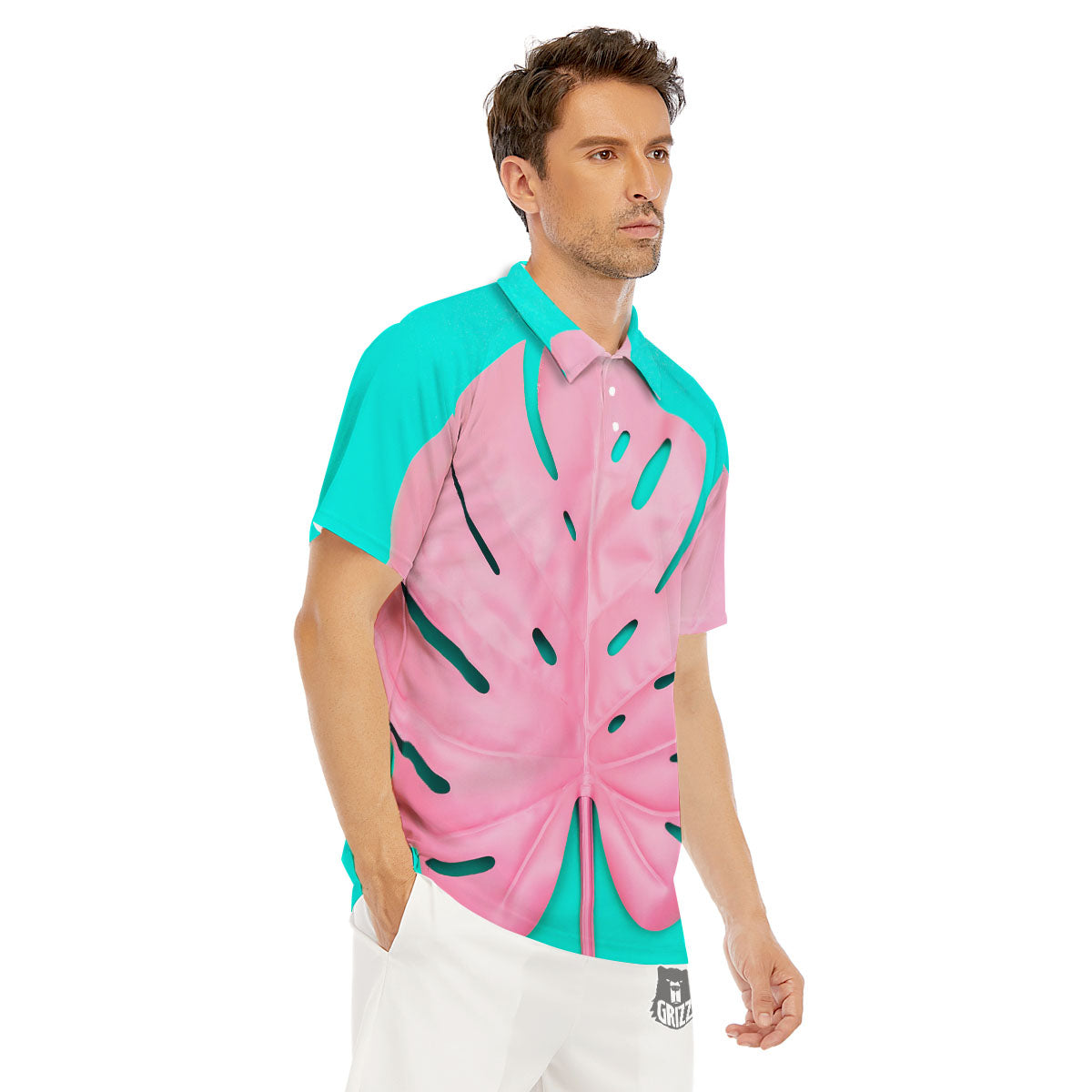 Blue And Pink Tropical Palm Leaf Print Men's Golf Shirts-grizzshop
