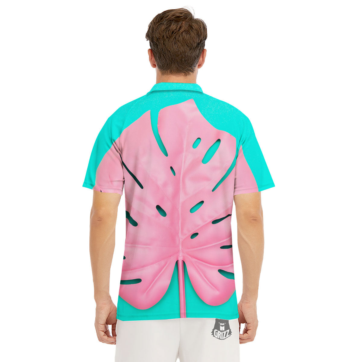 Blue And Pink Tropical Palm Leaf Print Men's Golf Shirts-grizzshop