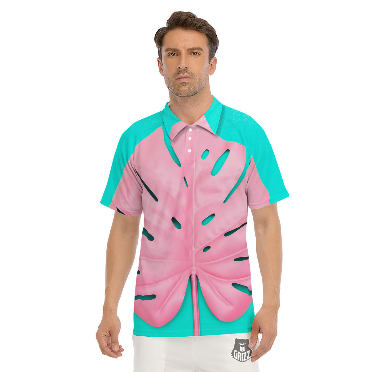 Blue And Pink Tropical Palm Leaf Print Men's Golf Shirts-grizzshop