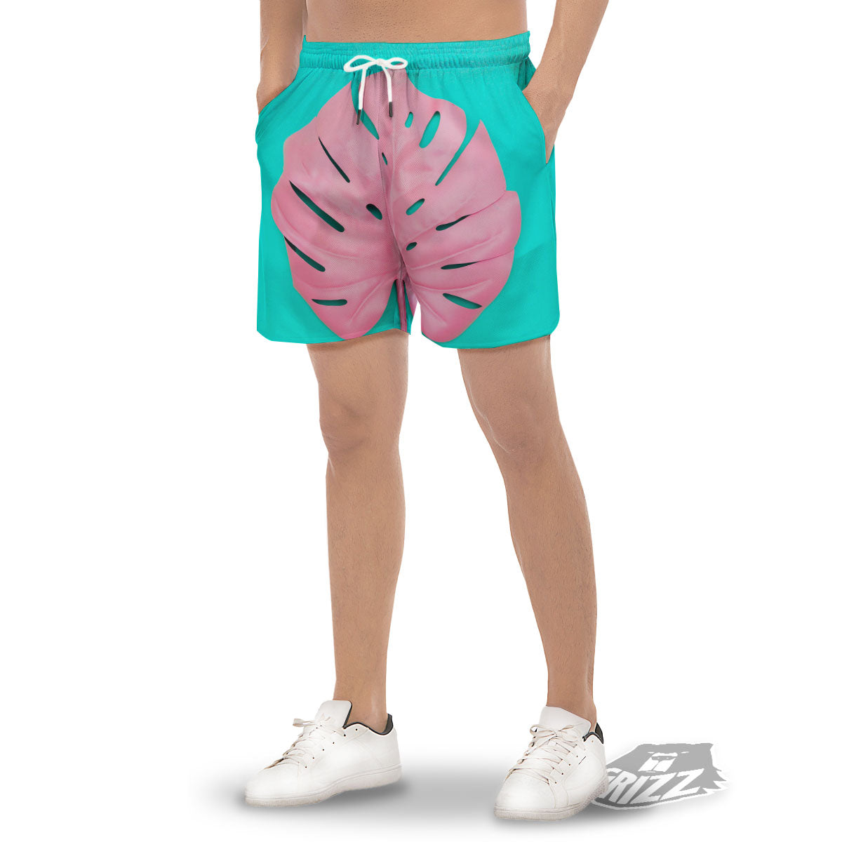 Blue And Pink Tropical Palm Leaf Print Men's Gym Shorts-grizzshop