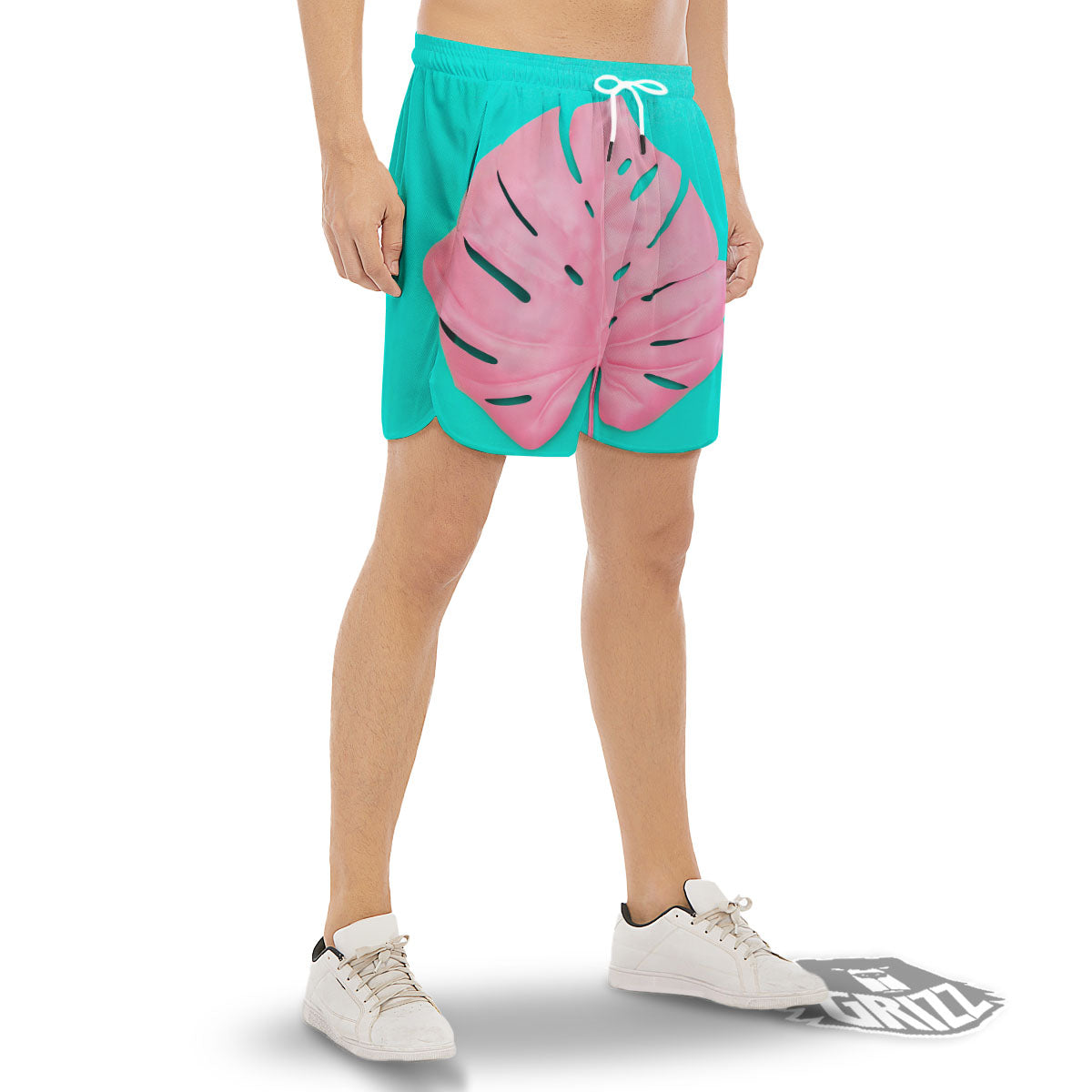 Blue And Pink Tropical Palm Leaf Print Men's Gym Shorts-grizzshop