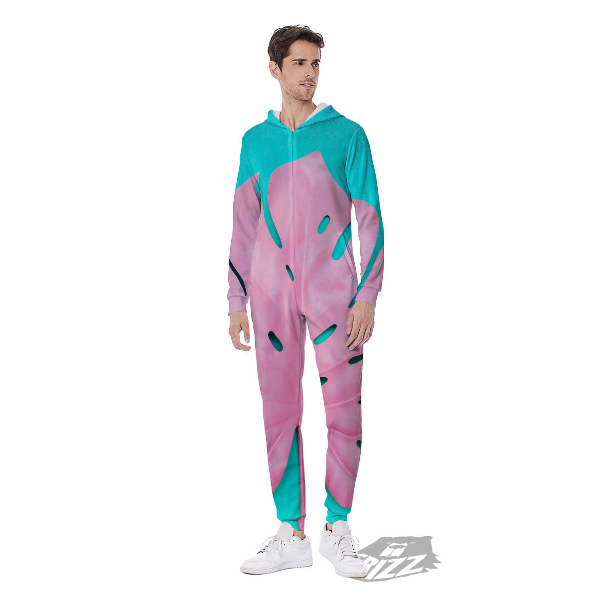 Blue And Pink Tropical Palm Leaf Print Men's Jumpsuit-grizzshop