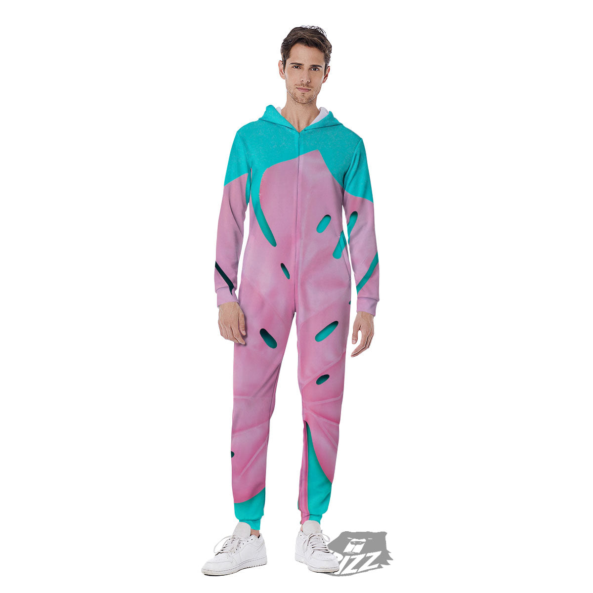 Blue And Pink Tropical Palm Leaf Print Men's Jumpsuit-grizzshop