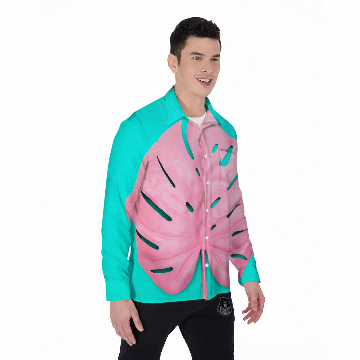 Blue And Pink Tropical Palm Leaf Print Men's Long Sleeve Shirts-grizzshop