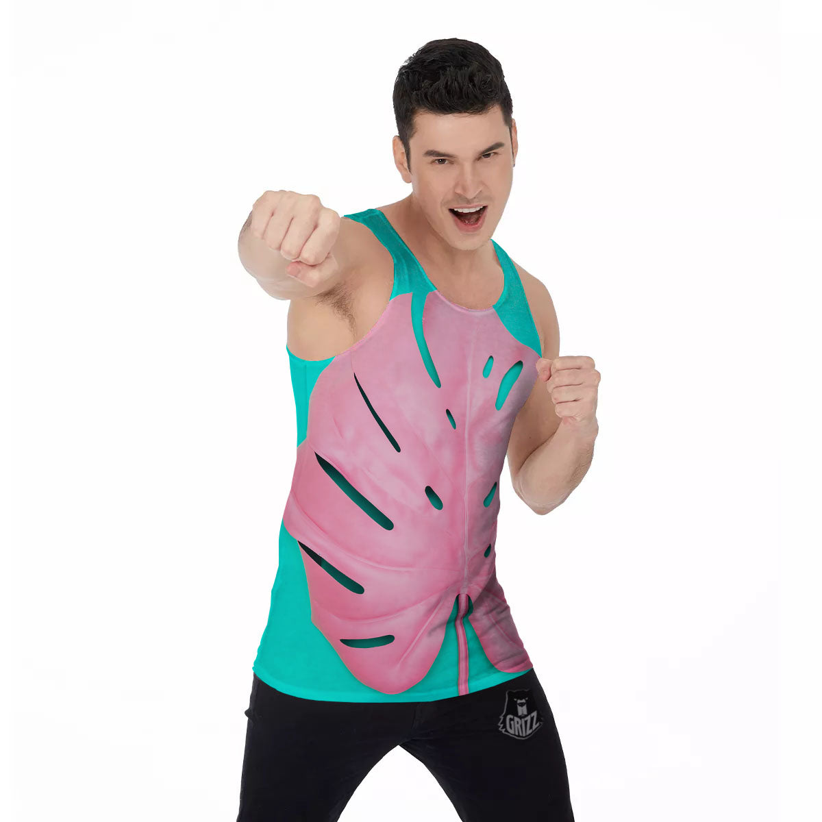 Blue And Pink Tropical Palm Leaf Print Men's Tank Top-grizzshop