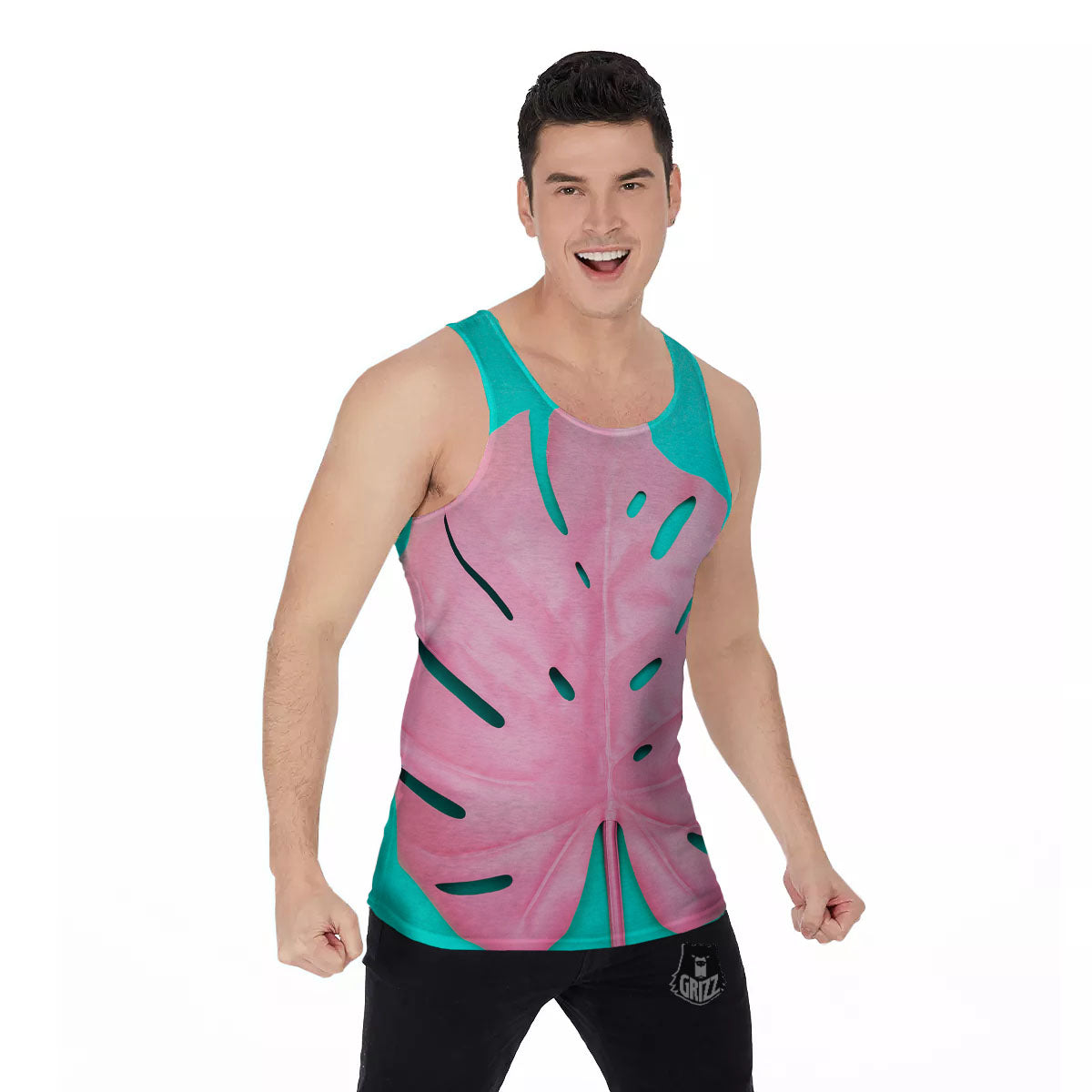 Blue And Pink Tropical Palm Leaf Print Men's Tank Top-grizzshop