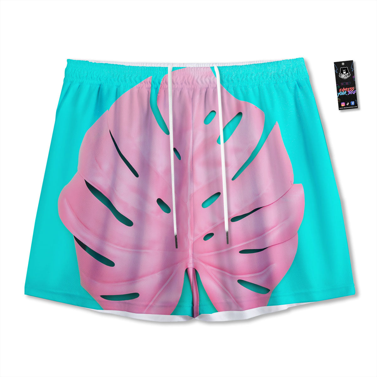 Blue And Pink Tropical Palm Leaf Print Mesh Shorts