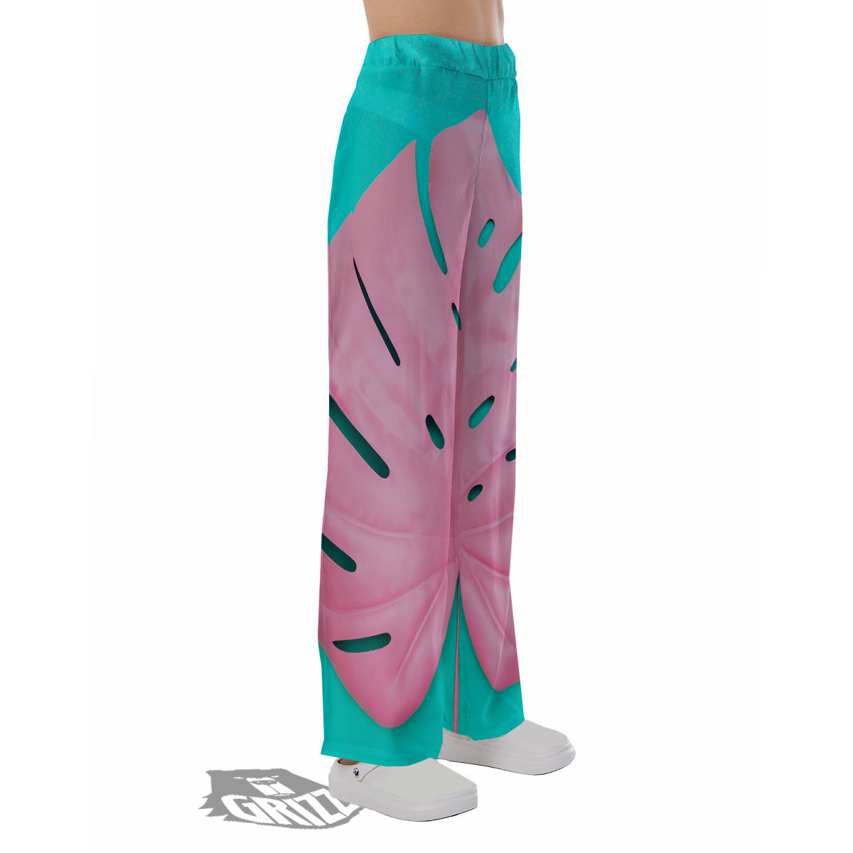 Blue And Pink Tropical Palm Leaf Print Pajama Pants-grizzshop