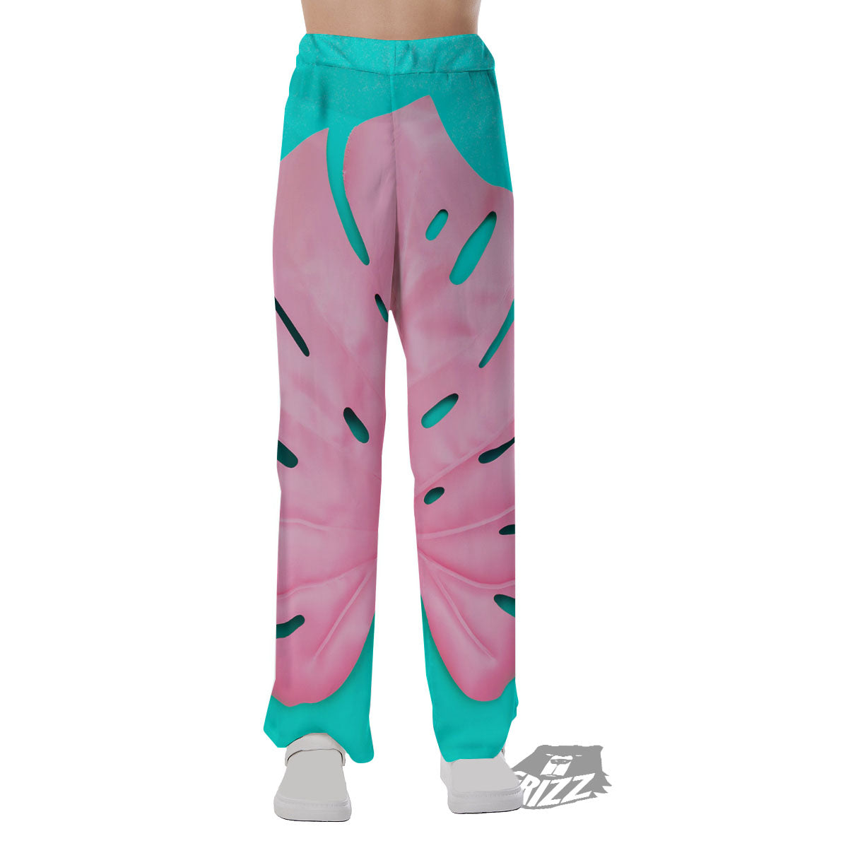 Blue And Pink Tropical Palm Leaf Print Pajama Pants-grizzshop