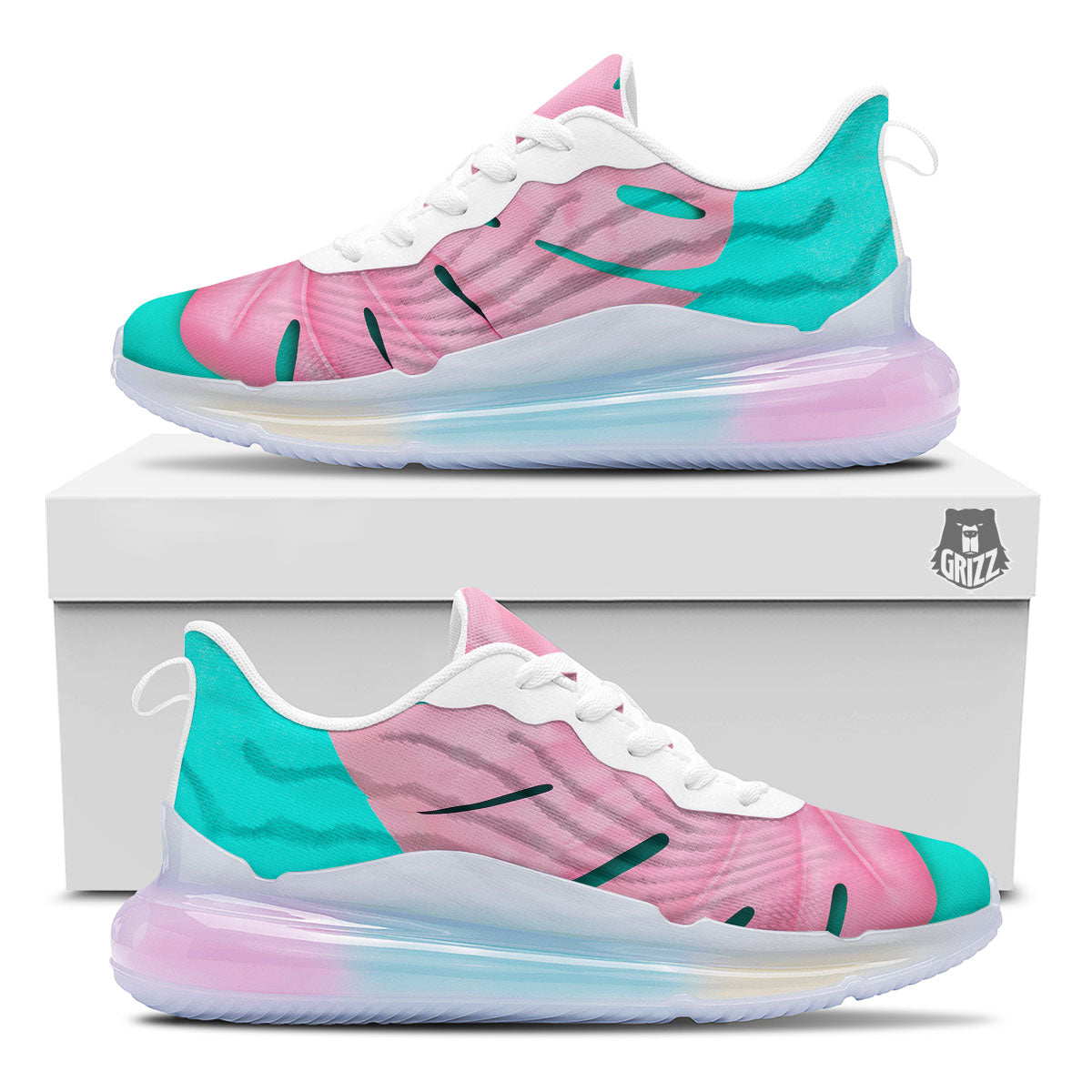 Blue And Pink Tropical Palm Leaf Print Running Sneakers-grizzshop