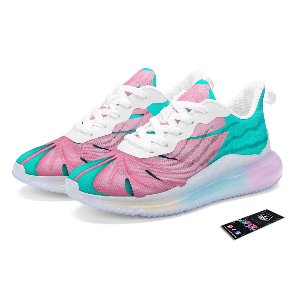 Blue And Pink Tropical Palm Leaf Print Running Sneakers-grizzshop
