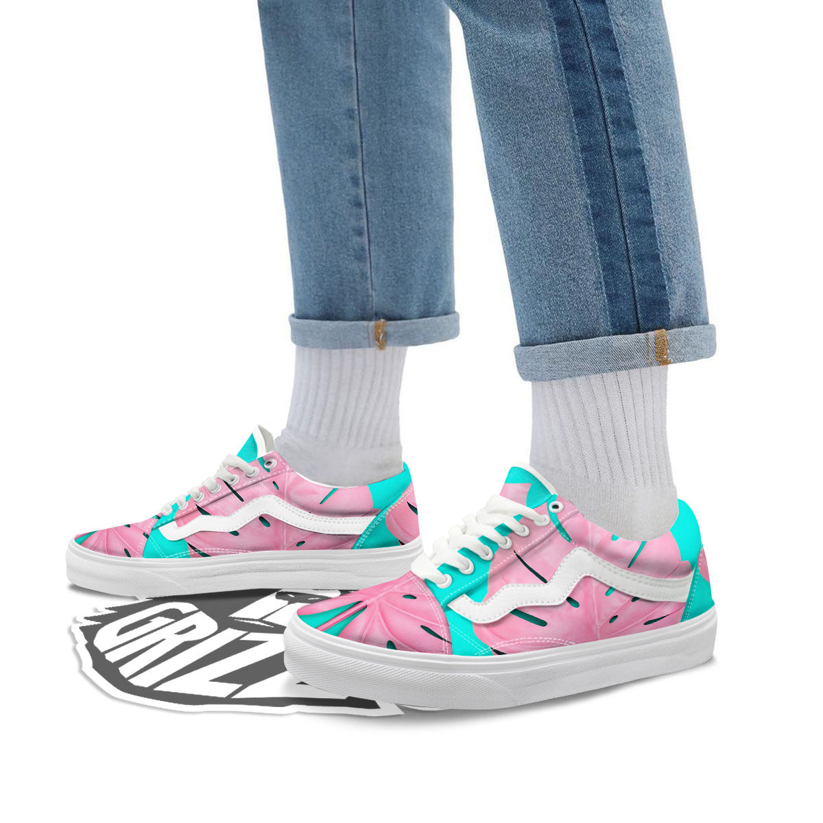 Blue And Pink Tropical Palm Leaf Print Skate Shoes-grizzshop