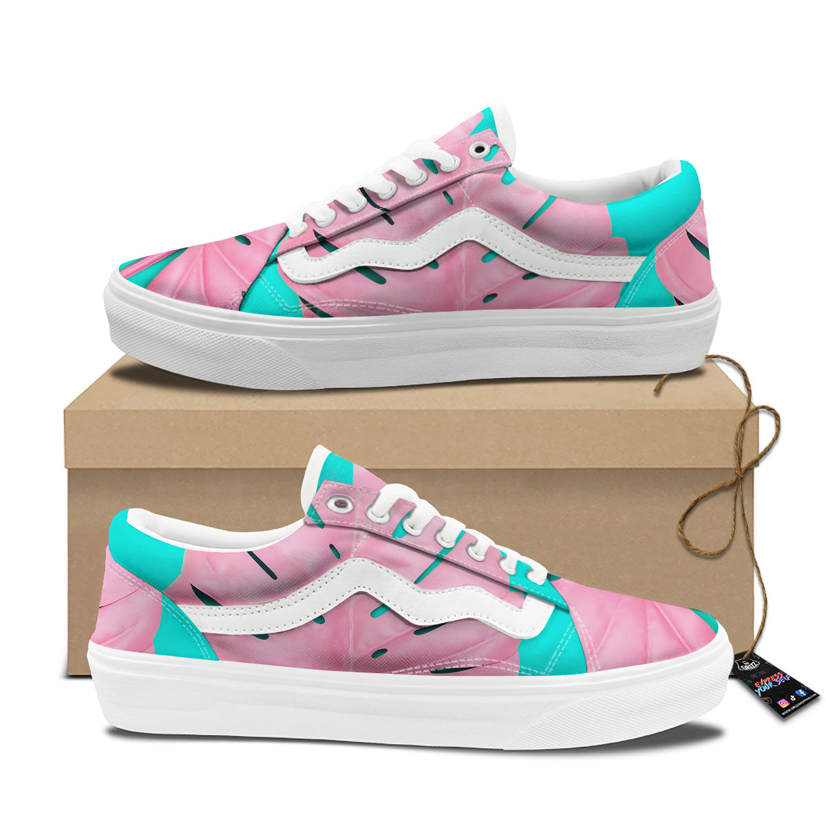 Blue And Pink Tropical Palm Leaf Print Skate Shoes-grizzshop