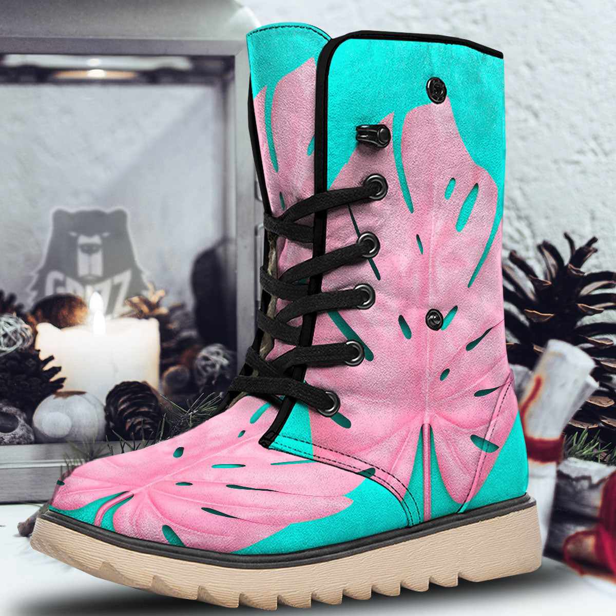 Blue And Pink Tropical Palm Leaf Print Snow Boots-grizzshop