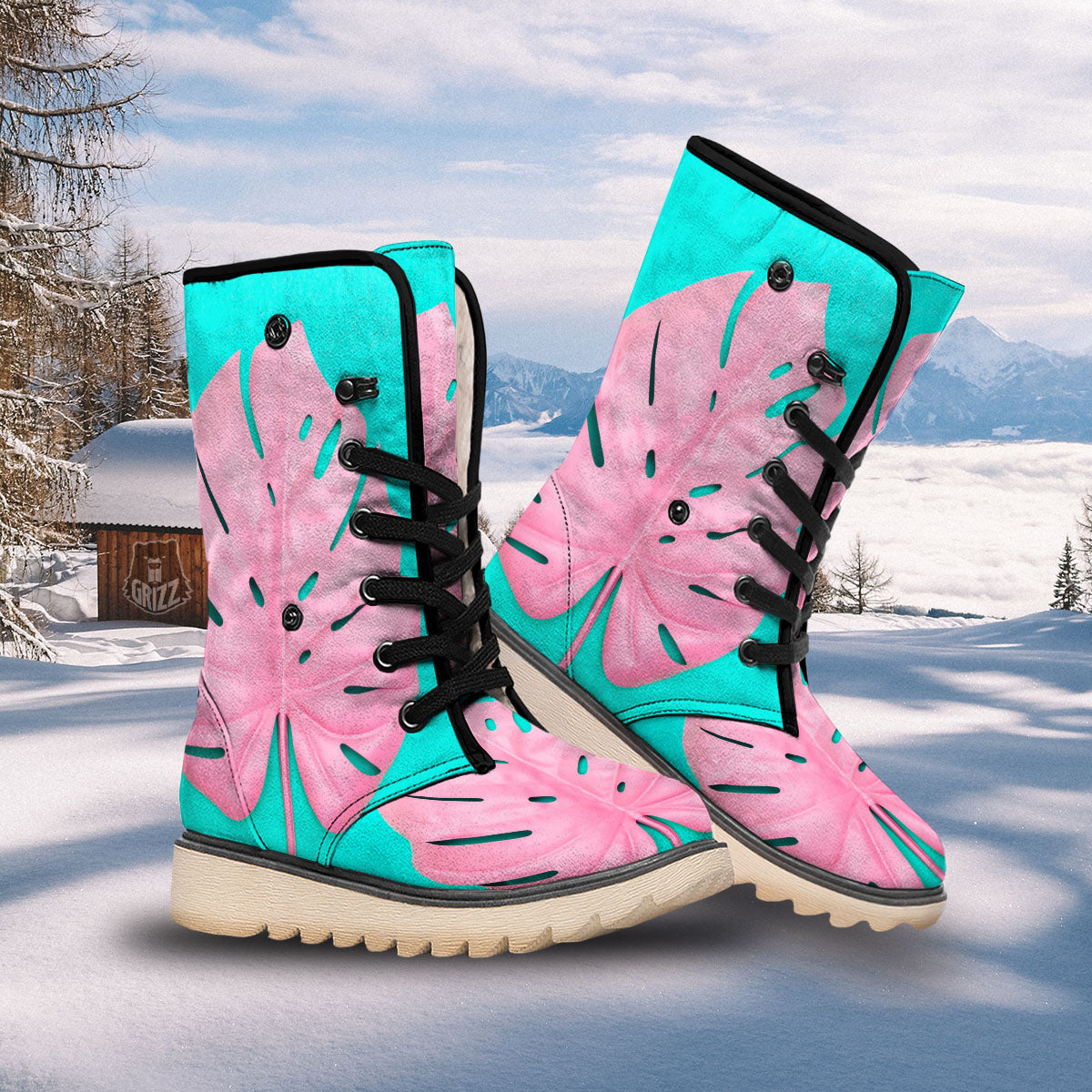 Blue And Pink Tropical Palm Leaf Print Snow Boots-grizzshop