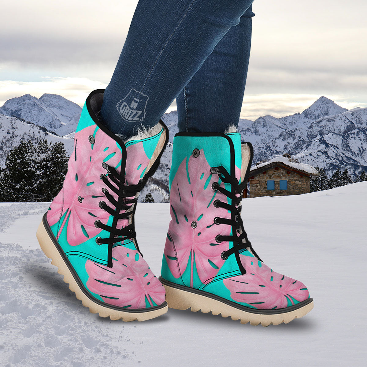 Blue And Pink Tropical Palm Leaf Print Snow Boots-grizzshop