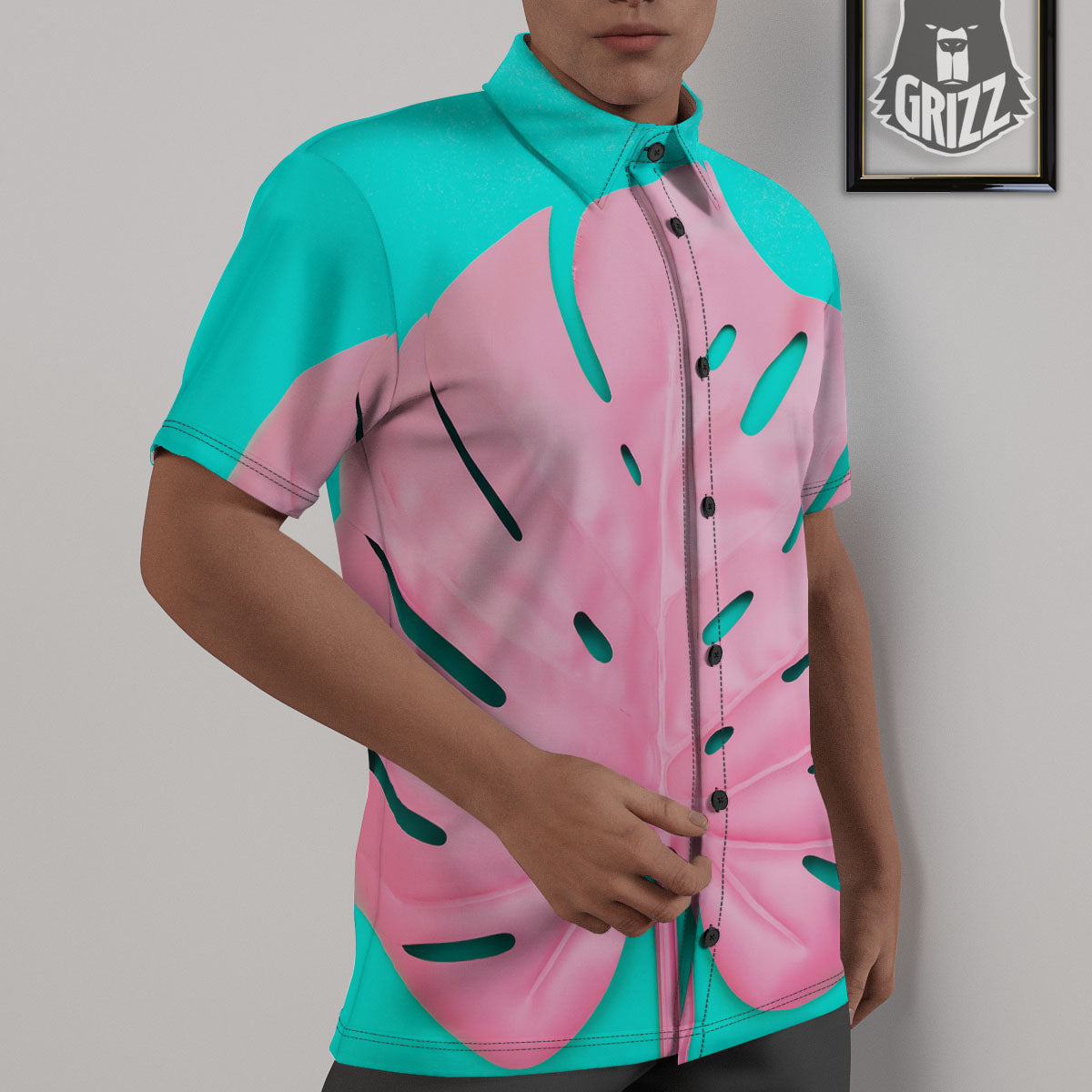 Blue And Pink Tropical Palm Leaf Print Untucked Shirts-grizzshop