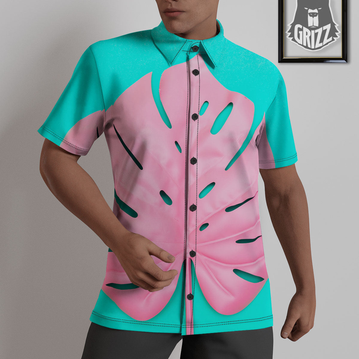 Blue And Pink Tropical Palm Leaf Print Untucked Shirts-grizzshop