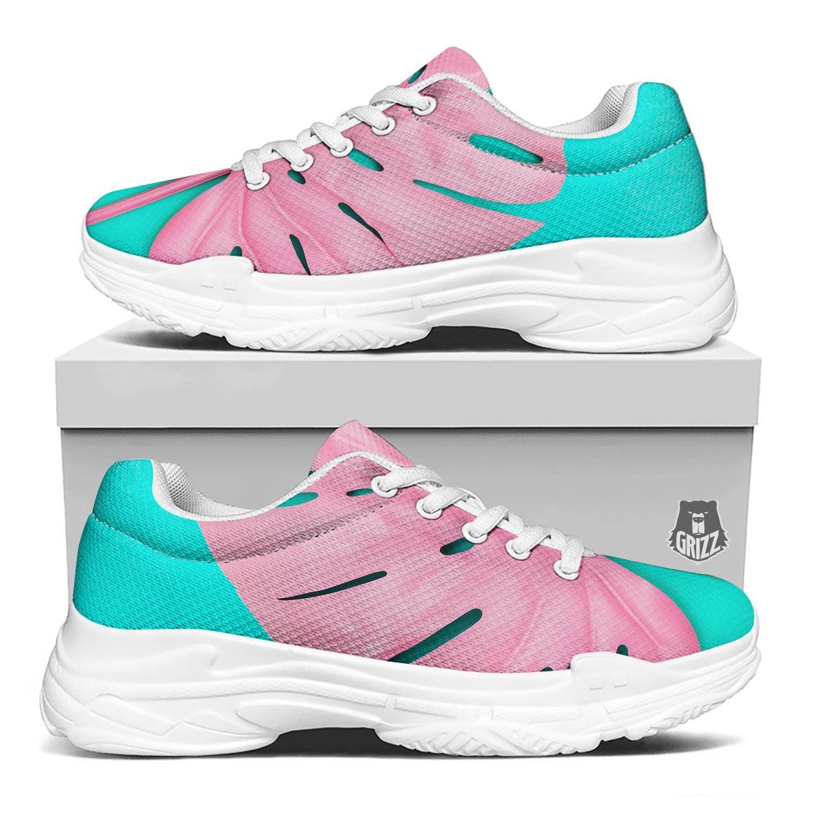 Blue And Pink Tropical Palm Leaf Print White Chunky Shoes-grizzshop