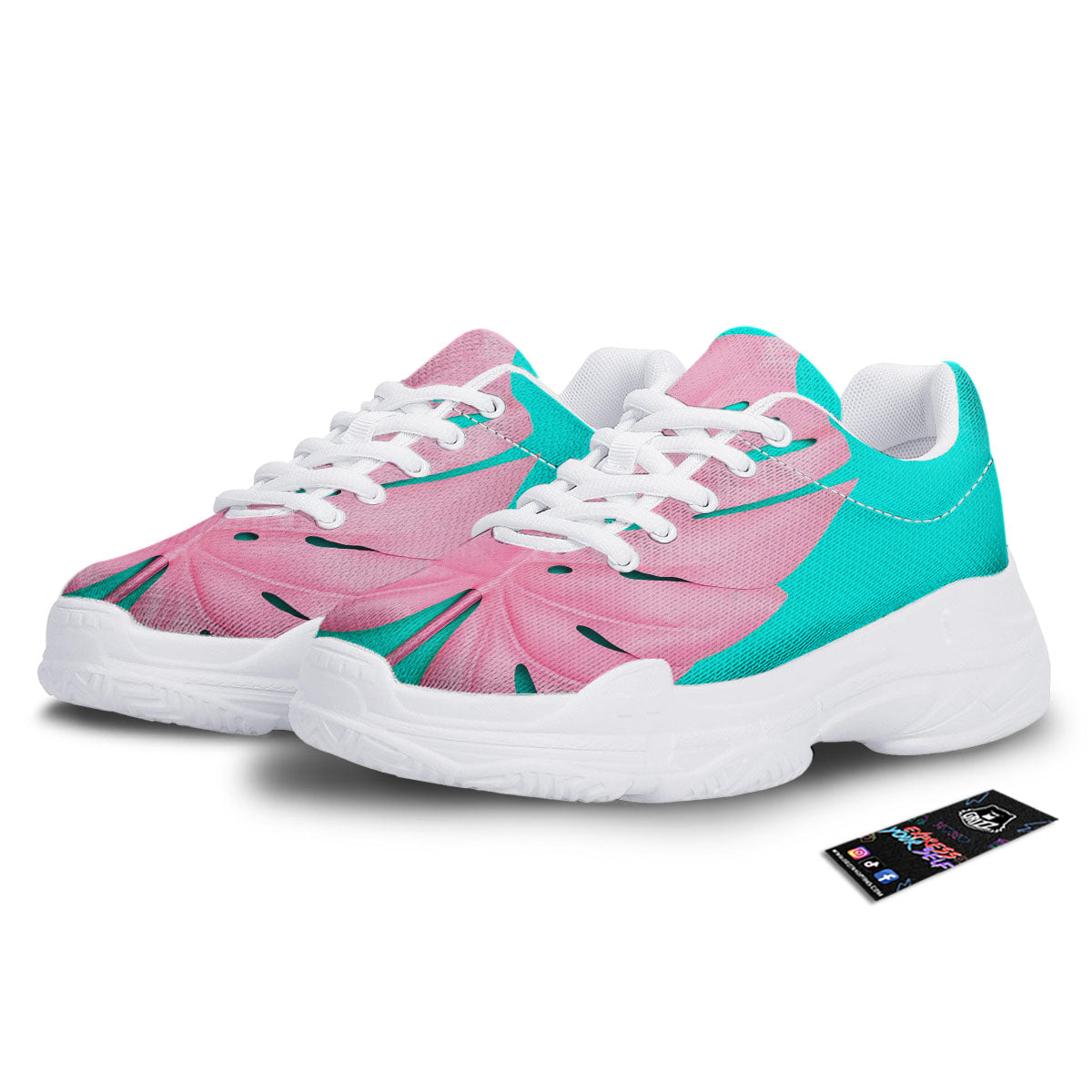 Blue And Pink Tropical Palm Leaf Print White Chunky Shoes-grizzshop