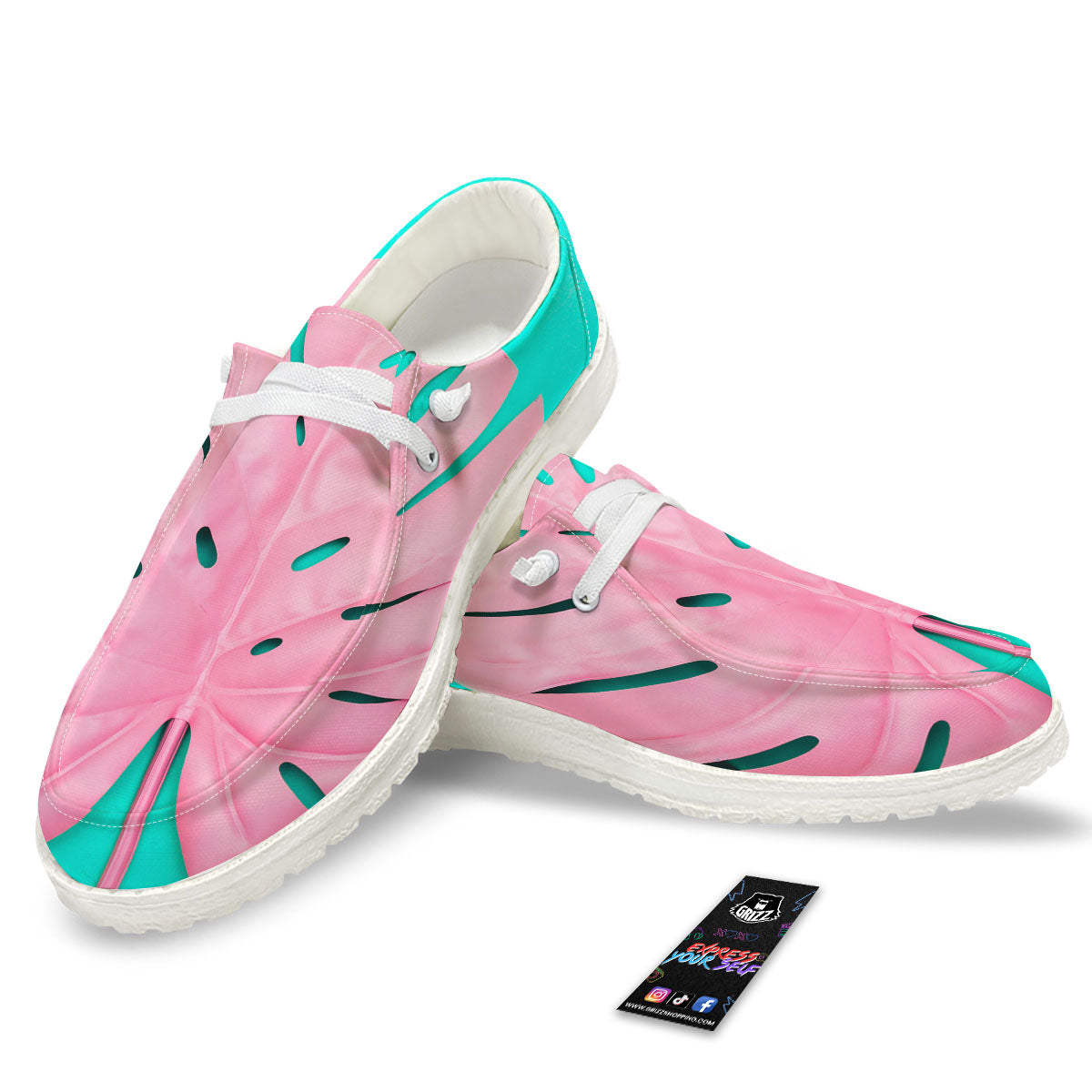 Blue And Pink Tropical Palm Leaf Print White Loafers-grizzshop