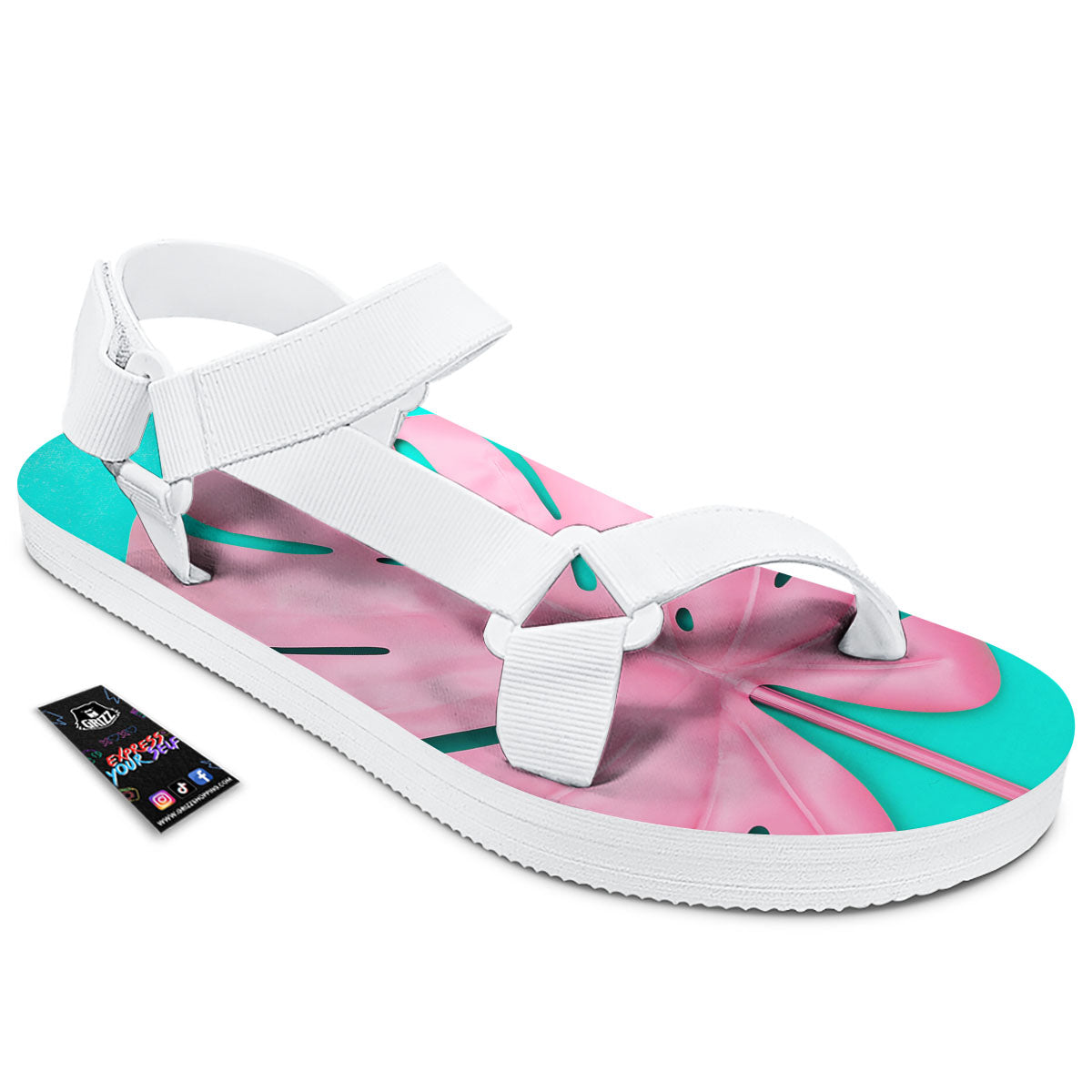 Blue And Pink Tropical Palm Leaf Print White Open Toe Sandals-grizzshop
