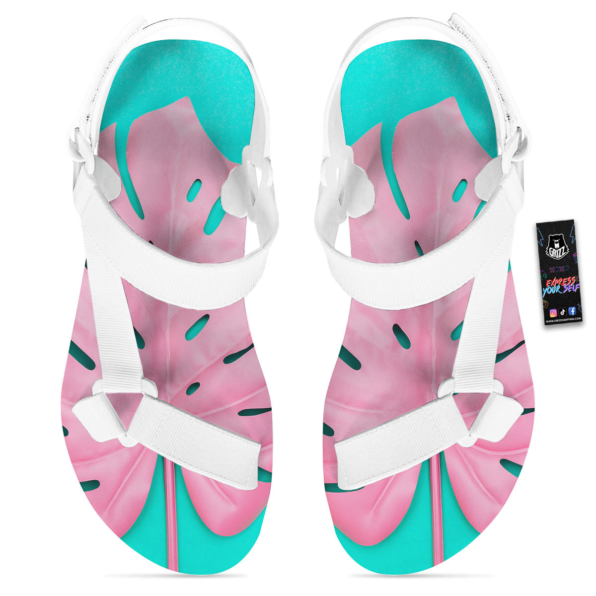 Blue And Pink Tropical Palm Leaf Print White Open Toe Sandals-grizzshop